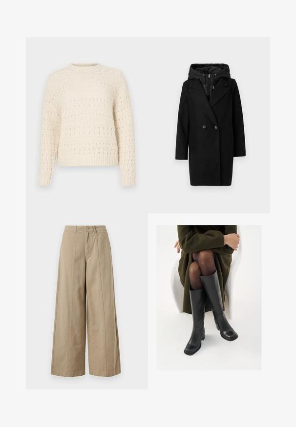 Vero Moda VMGRACE COAT - Cappotto invernale - black; Maglione crema con lavorazione a maglia testurizzata, caratterizzato da bande orizzontali e punti aperti. Collo rotondo e maniche lunghe. Materiale morbido e spesso.; Pantaloni beige a gamba larga realizzati in cotone resistente, con chiusura a bottone, passanti per la cintura e pieghe frontali pulite senza tasche visibili.; Stivali neri in pelle alti fino al ginocchio con punta squadrata e tacco a blocco, mostrati con un modello seduto in un cappotto verde oliva. Texture liscia, dettagli minimi.