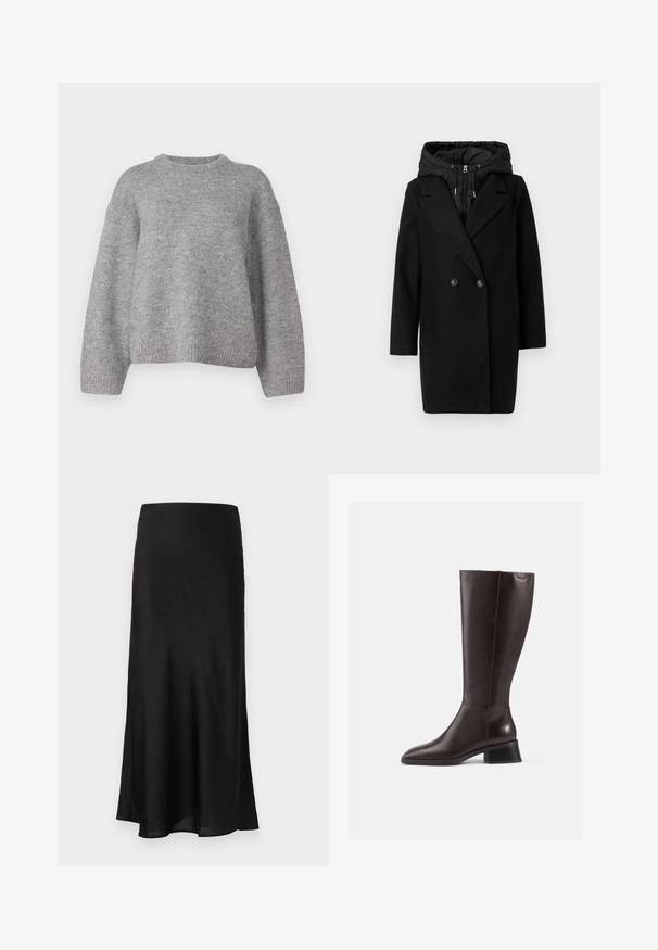 Vero Moda VMGRACE czarny; Gina Tricot - Sweter; Czarna satynowa spódnica maxi o gładkiej fakturze, lekko rozszerzanym kształcie i subtelnym połysku. Bez widocznego sprzętu ani ozdób.; Kozaki skórzane w kolorze brązowym, sięgające do kolan, z gładkim wykończeniem, zaokrąglonym noskiem i czarnym, podwyższonym obcasem. Prosty design z minimalną ilością detali metalowych.