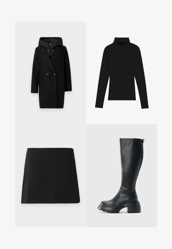 Vero Moda VMGRACE COAT - Talvitakki - black; Musta poolalla pitkähihaisen pusero, joka on valmistettu ribbikankaasta, tarjoaa muotoilevan leikkauksen, jossa on korkea kaula-aukko eikä kuvioita tai koristeita.; Mustat, suoran leikkauksen mini-hame, jolla on sileä pinta, esiteltynä litteänä valkoista taustaa vasten.; Korkeat mustat nahkakengät, joissa on paksu pohja ja lohkare korko, varustettuna vetonauhalla ja tekstuurilla ulkopohjassa.
