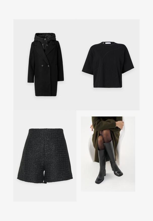 Vero Moda VMGRACE COAT - Vinterkåpe / -frakk - black; Svart T-skjorte med korte ermer og rund hals, med subtile, buede sømmer og en avslappet, boksformet passform. Laget av bomull.; Sorte vevde shorts med en teksturert finish og en subtil glans. Har høy midje og en strukturert A-linjeform.; Knæhøye sorte lærstøvler med firkantet tå og blokkhelt, vist med en modell som sitter iført en olivengrønn kåpe. Glatt tekstur, minimal detaljering.