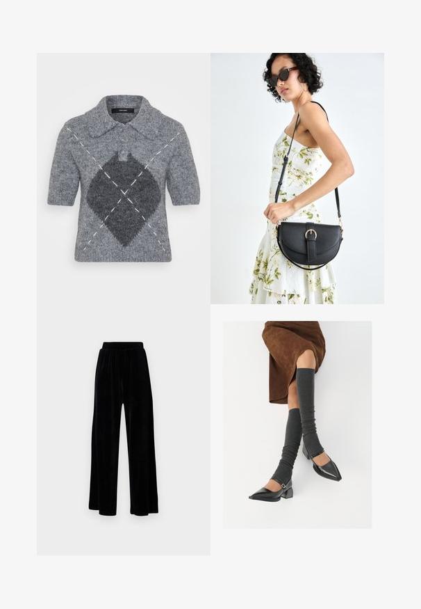 Vero Moda VMGRACE COAT - Winter coat - black; Short-sleeve polo sweater in grey wool, featuring a dark grey diamond pattern and white stitching accents. Classic collar with buttons.; Black wide-leg trousers made of soft velvet, featuring an elastic waistband and a smooth texture, with no visible detailing or patterns.; Black patent leather pointed-toe shoes with a block heel and ankle strap, paired with gray ribbed leg warmers and a brown suede skirt.; Black leather handbag with a curved shape, detachable strap, and gold hardware. The bag features a flap with a buckle detail.