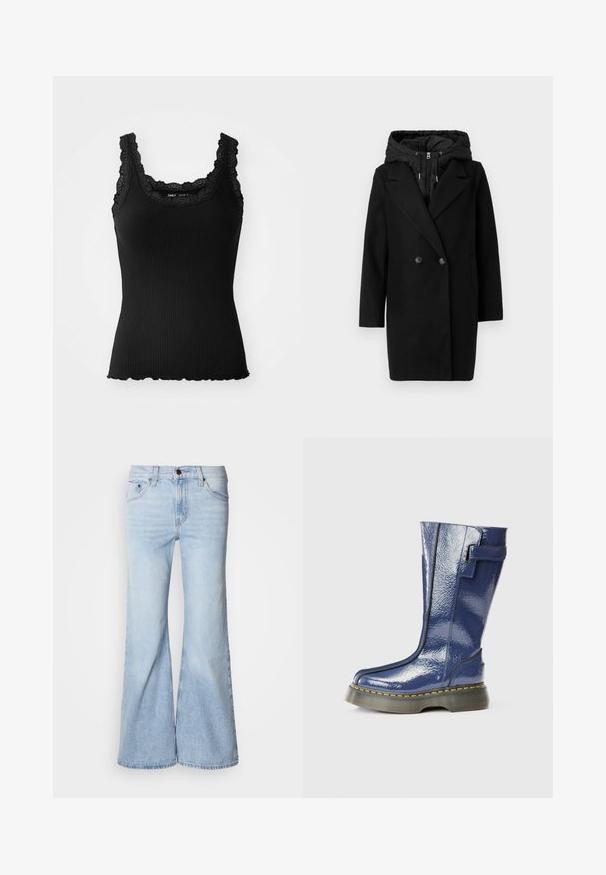Vero Moda VMGRACE COAT - Wintermantel - black; Schwarzes, geripptes Tanktop mit Spitzendetail am Ausschnitt und den Schultern, ausgestattet mit einem gewellten Saum und einer taillierten Passform, gefertigt aus elastischem Material.; Hellblaue Jeans mit ausgestelltem Bein, hoher Taille, Denim-Stoff, fünf Taschen und Knopfverschluss. Die Beine sind weit geschnitten und haben ein leicht ausgewaschenes Finish.; Blaue, glänzende kniehohe Stiefel mit runder Zehenform, seitlichem Reißverschluss und vertikalen Nahtdetails. Verfügt über eine dicke, schwarze Plateausohle mit gelben Nähten.