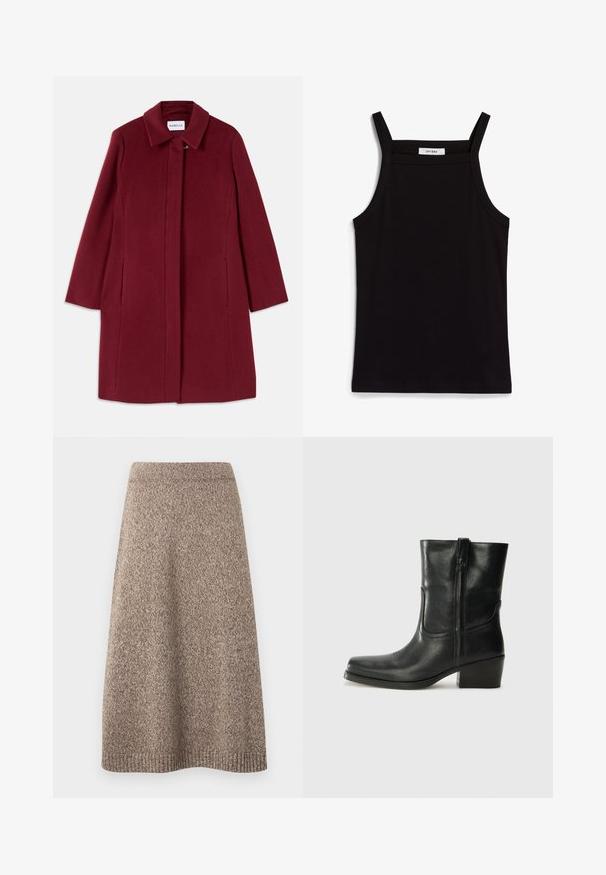Manteau en laine bordeaux avec un design droit, manches longues, poches latérales et un col cranté. Présente une fermeture à agrafe à l'avant.; Débardeur noir à fines bretelles, en tissu côtelé, avec une coupe droite et une étiquette au niveau du col indiquant "IVY OAK."; Jupe tricotée dans une teinte brune chaude avec un motif texturé, taille ajustée et silhouette évasée, featuring des accents côtelés à l'ourlet.; Bottine en cuir noir avec un bout rond, un talon carré, une fermeture éclair sur le côté et des coutures décoratives sur l'empeigne. Texture lisse, design classique.