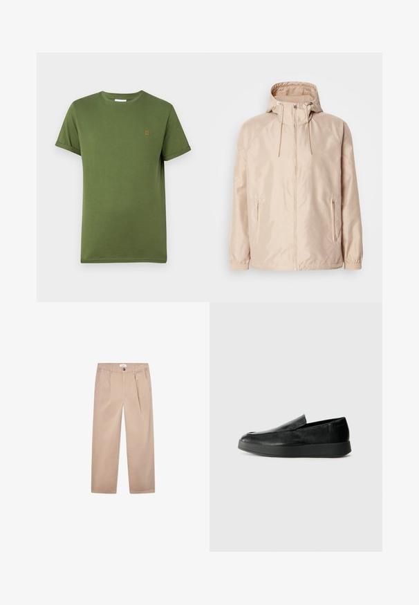 Jachetă ușoară bej cu glugă, cu fermoar complet, două buzunare laterale, manșete elastice și un model subtil embosat cu logo.; Tricou din bumbac de culoare verde măslin, cu gât clasic, mâneci scurte răsucite și detaliu brodat portocaliu 'II' pe piept.; Pantaloni khaki din bumbac, cu un design drept, având două buzunare frontale, închidere cu nasture și o croială clasică.; Calvin Klein HYBRID CUP - Pantofi slip-on - triple black