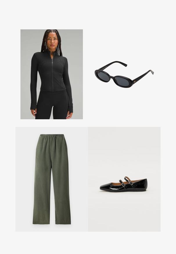 Schwarze Sportjacke mit hohem Kragen, durchgehendem Reißverschluss, figurnaher Passform, flachen Nähten und Daumenöffnungen an den Bündchen. Glattes, elastisches Material.; Schlichtes weißes T-Shirt mit kurzen Ärmeln und Rundhalsausschnitt in schlanker Passform, flach vor einem weißen Hintergrund präsentiert.; Grüne, weite Hosen aus weichem Stoff mit elastischem Bund. Sie verfügen über eine glatte Textur und ein einfaches, minimalistisches Design.; Schwarzer Ballerinaschuh aus Lackleder mit spitzer Spitze, zwei verstellbaren Riemen mit Schnallen und flacher Laufsohle. Glatte Textur mit glänzendem Finish.; Schwarze, oversized Sonnenbrillen mit ovalen Gläsern, glattem Kunststoffrahmen und goldenen Akzenten an den Bügeln. Die dunklen Gläser bieten Sonnenschutz.; Still Nordic STILLBASIC SHOPPER - Shopping Bag - black