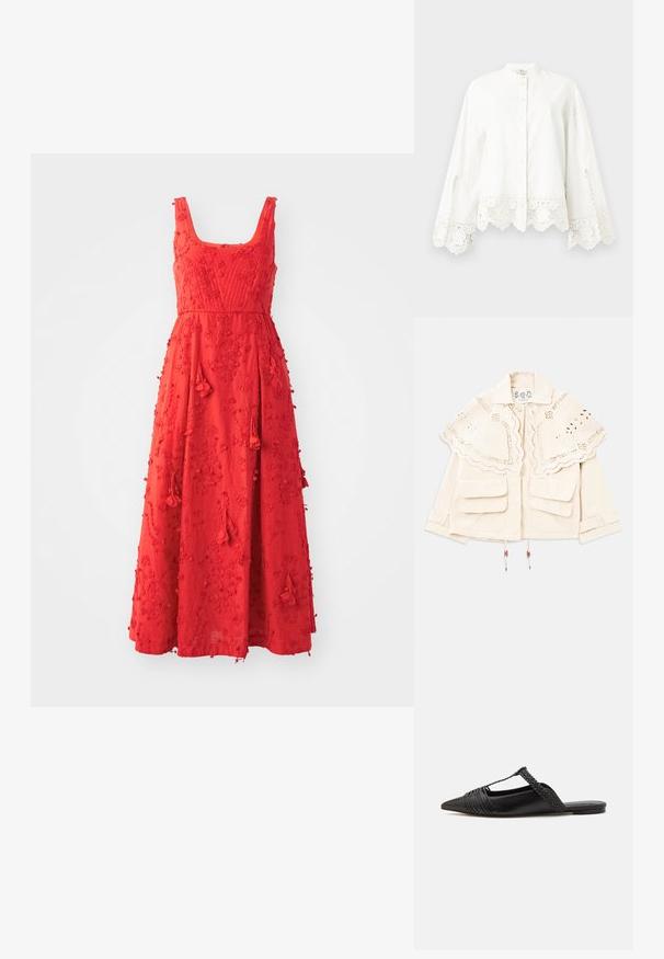 Krém színű dzseki, hullámos, hímzett köpeny gallérral, két elülső hajtókás zsebbel, gombos záródással és állítható ujjpántokkal.; Piros ujjatlan ruha négyzet alakú nyakkivágással, virágmintás hímzéssel, bojt részletekkel és lenge maxi hosszúsággal.; Fehér, hosszú ujjú, gombos ing csipkefinéssel az ujjak végén és az alján, mandarin gallérral és finom díszítő varrással.; Fekete bőr slingback cipő hegyes orral, szőtt díszítéssel és redőzött felső dizájnnal. Lapos talp minimális hardverrel.