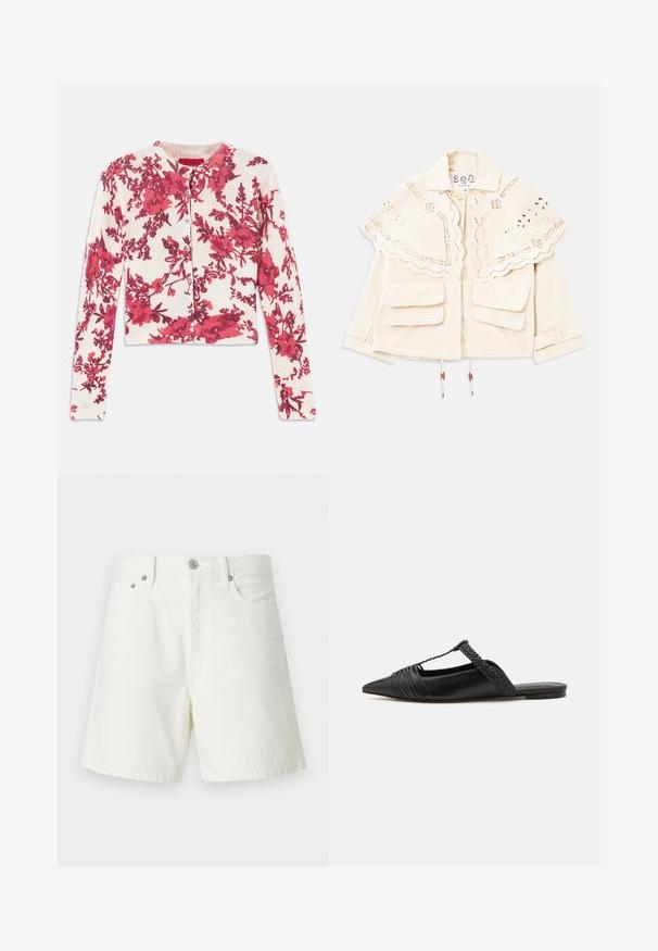 Veste crème avec un col en capes brodé à bords festonnés, deux poches avant à rabat, fermeture à boutons et sangles ajustables aux manches.; Cardigan à motifs floraux rouges en tissu doux et extensible, avec un col rond et des poignets côtelés, featuring une fermeture à boutons sur le devant.; Shorts en denim blanc avec une coupe droite, un design à cinq poches, une fermeture à bouton à l'avant, des détails en métal argenté et des coutures décoratives.; Chaussure en cuir noir à talon ouvert avec un bout pointu, présentant un accent tressé et un design supérieur plissé. Semelle plate avec un matériel minimal.