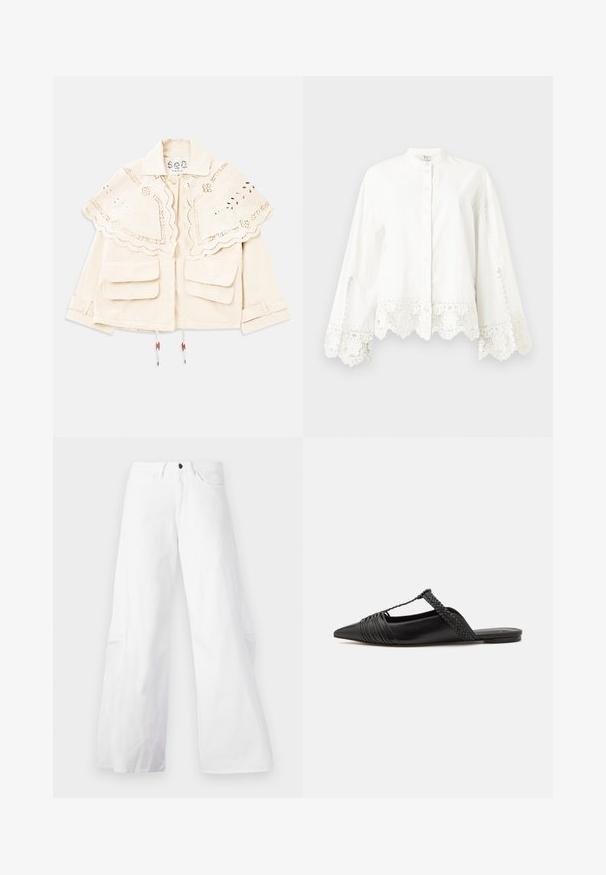 Cream jacket with scalloped, embroidered cape collar, two front flap pockets, button closure, and adjustable sleeve straps.; White long-sleeve button-up shirt with lace trim on cuffs and hem, featuring a mandarin collar and subtle decorative stitching.; White wide-leg denim pants with a five-pocket design. Features a black button and zip fly closure. Smooth texture, straight silhouette.; Black leather slingback shoe with a pointed toe, featuring a woven accent and pleated upper design. Flat sole with minimal hardware.