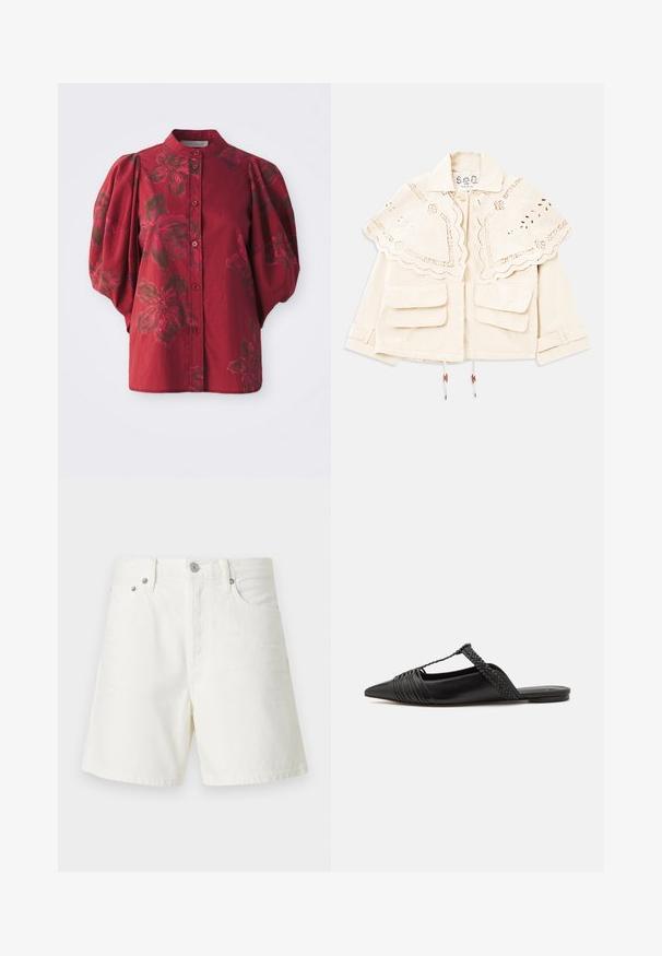 Cream jacket with scalloped, embroidered cape collar, two front flap pockets, button closure, and adjustable sleeve straps.; Burgundy blouse with a rounded collar, button front, and puff sleeves. Features a floral pattern in darker hues and soft cotton texture.; White denim shorts with a straight cut, five-pocket design, front button closure, silver hardware, and stitched detailing.; Black leather slingback shoe with a pointed toe, featuring a woven accent and pleated upper design. Flat sole with minimal hardware.