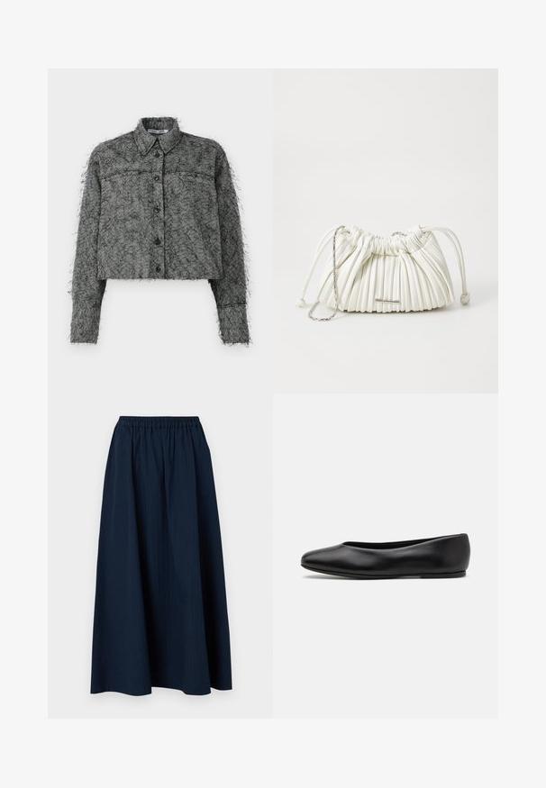 Black puffer jacket with a hood, featuring a quilted design, snap buttons, and two front pockets. Elastic cuffs and a slightly cropped fit.; Gray v-neck sweater made of soft wool-blend fabric, featuring long sleeves and a relaxed fit. Simple, minimal design with no prominent patterns.; Black and gray herringbone cropped jacket with button front, long sleeves, and a classic collar featuring a textured fuzzy finish.; Navy blue, full-length skirt made from textured fabric with an elastic waistband and subtle vertical stripes.; Paul Smith TOPANGA - Ballet pumps - black; White pleated handbag made of soft material. Features drawstring closure, braided handles, and a silver-tone hardware accent.