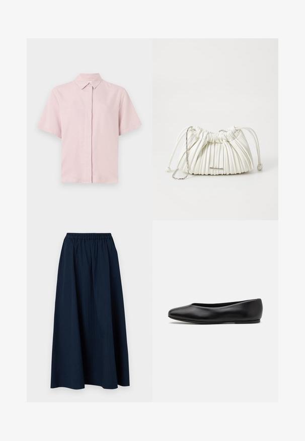 Schwarze Pufferjacke mit Kapuze, ausgestattet mit einem gesteppten Design, Druckknöpfen und zwei Fronttaschen. Elastische Bündchen und ein leicht verkürzter Schnitt.; Grauer V-Ausschnitt-Pullover aus weichem Wollmix, mit langen Ärmeln und lockerer Passform. Einfaches, minimalistisches Design ohne auffällige Muster.; Helles pinkes Kurzarmhemd mit klassischem Kragen und Knopfverschluß. Aus glattem Stoff gefertigt, mit etwas lockerer Passform.; Navyblaue, knöchellange Skirt aus strukturiertem Stoff mit einem elastischen Bund und dezenten vertikalen Streifen.; Paul Smith TOPANGA - Klassischer Ballerina - black; Weiße plissierte Handtasche aus weichem Material. Verfügt über einen Kordelzugverschluss, geflochtene Griffe und ein silberfarbenes Hardware-Detail.