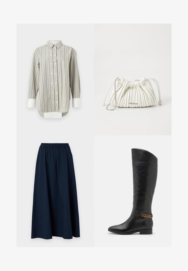 Black puffer jacket with a hood, featuring a quilted design, snap buttons, and two front pockets. Elastic cuffs and a slightly cropped fit.; Gray v-neck sweater made of soft wool-blend fabric, featuring long sleeves and a relaxed fit. Simple, minimal design with no prominent patterns.; Striped shirt in gray and white, featuring a classic collar, button closure with white buttons, and contrasting white cuffs. Long sleeves.; Navy blue, full-length skirt made from textured fabric with an elastic waistband and subtle vertical stripes.; Tall black leather boots with a sleek design, pointed toe, and a gold chain accent at the ankle. Low block heel. Smooth texture.; White pleated handbag made of soft material. Features drawstring closure, braided handles, and a silver-tone hardware accent.