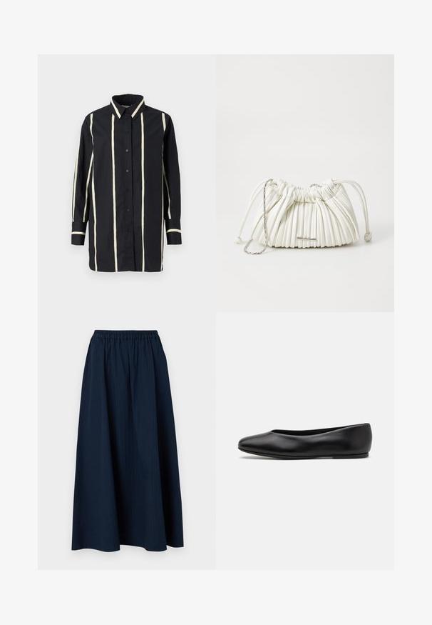 Giacca a vento nera con cappuccio, caratterizzata da un design trapuntato, bottoni a pressione e due tasche frontali. Polsini elastici e vestibilità leggermente cropped.; Maglione grigio a V realizzato in morbido tessuto misto lana, con maniche lunghe e un fit rilassato. Design semplice e minimale senza motivi evidenti.; Maglietta nera a maniche lunghe con strisce verticali beige, chiusura anteriore con bottoni, colletto classico e polsini e orlo del colletto a contrasto.; Gonna lunga di colore blu navy realizzata in tessuto testurizzato con vita elastica e sottili righe verticali.; Paul Smith TOPANGA - Ballerine - black; Borsa a pieghe bianca realizzata in materiale morbido. Presenta una chiusura con coulisse, manici intrecciati e un accento in metallo color argento.