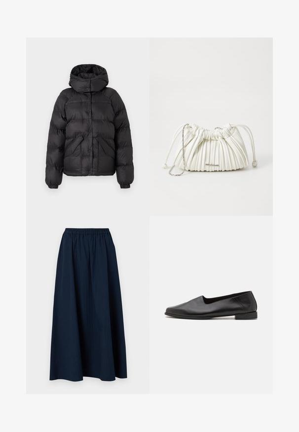 Čierna pufáková bunda s kapucňou, s prešívaným dizajnom, cvokovými gombíkmi a dvoma prednými vreckami. Elastické manžety a mierne skrátený strih.; Sivý sveter s vlečeným výstrihom vyrobený z jemnej zmesi vlny, s dlhými rukávmi a uvoľneným strihom. Jednoduchý, minimalistický dizajn bez výrazných vzorov.; Námornícky modrá, dlhá sukňa vyrobená z textúrovanej tkaniny s elastickým pásom a jemnými vertikálnymi pruhmi.; Čierne kožené ploché topánky s hladkým povrchom. Majú nízky, obdĺžnikový podpätok a zaoblenú špičku. Jednoduchý dizajn s minimálnymi akcentmi.; Biely skladaný kabelka vyrobená z jemného materiálu. Má sťahovaciu šnúrku, opletené rúčky a strieborný kovový detail.