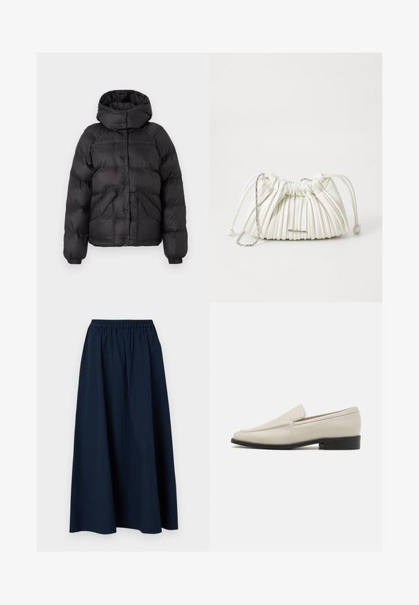 Sort pufferjakke med hætte, der har et quiltet design, trykknapper og to forlommer. Elastiske manchetter og en let cropped pasform.; Grå v-hals sweater lavet af blødt uldblandingsstof, med lange ærmer og en afslappet pasform. Enkel, minimalistisk design uden fremtrædende mønstre.; Mørkeblå, lang nederdel lavet af tekstureret stof med elastisk talje og subtile lodrette striber.; Beige læder slip-on loafers med et slankt design, mandelformet tå, minimal syning og en lav sort hæl. Glat overflade.; Hvid plisseret håndtaske lavet af blødt materiale. Har snøre lukning, flettede håndtag og en sølvfarvet hardware detalje.