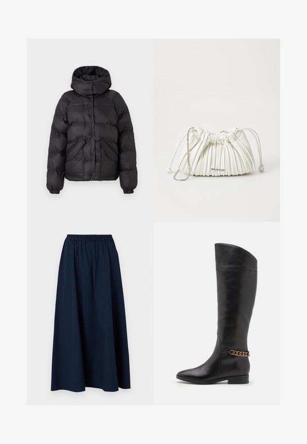 Čierna pufáková bunda s kapucňou, s prešívaným dizajnom, cvokovými gombíkmi a dvoma prednými vreckami. Elastické manžety a mierne skrátený strih.; Sivý sveter s vlečeným výstrihom vyrobený z jemnej zmesi vlny, s dlhými rukávmi a uvoľneným strihom. Jednoduchý, minimalistický dizajn bez výrazných vzorov.; Námornícky modrá, dlhá sukňa vyrobená z textúrovanej tkaniny s elastickým pásom a jemnými vertikálnymi pruhmi.; Vysoké čierne kožené čižmy so štíhlym dizajnom, špicatou špičkou a zlatým reťazovým akcentom na členku. Nízky blokový podpätok. Hladká textúra.; Biely skladaný kabelka vyrobená z jemného materiálu. Má sťahovaciu šnúrku, opletené rúčky a strieborný kovový detail.