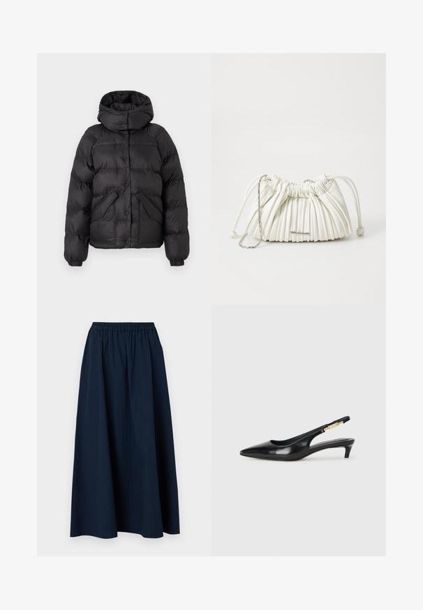 Musta puhvitakki hupulla, jossa on tikattu muotoilu, napit ja kaksi etutaskua. Elastiset hihansuut ja hieman lyhyempi malli.; Harmaa V-pääntie neulepaita, joka on valmistettu pehmeästä villasekoitekankaasta. Siinä on pitkät hihat ja rento istuvuus. Yksinkertainen, minimalistinen muotoilu ilman erityisiä kuvioita.; Laivastonsininen, kokopitkä hame, joka on valmistettu tekstuurillisesta kankaasta ja jossa on joustava vyötärö ja hienovaraiset pystysuorat raidat.; Mustat nahkaiset slingback-korkokengät, joissa on terävä kärki, ohuet korot ja kultasävytteinen yksityiskohta säädettävässä hihnassa. Silkkinen pinta.; Valkoinen pussukka, jossa on laskostettu muotoilu ja pehmeä materiaali. Varustettu nyörisulkimella, punottuilla kahvoilla ja hopeanvärisellä koristeella.