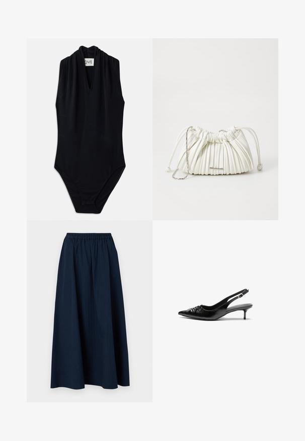 Zwarte pufferjas met een capuchon, voorzien van een gewatteerd ontwerp, drukknoopsluitingen en twee voorzakken. Elastische manchetten en een iets cropped fit.; Grijze V-hals trui gemaakt van zachte wol-mix stof, met lange mouwen en een relaxed fit. Eenvoudig, minimalistisch ontwerp zonder opvallende patronen.; Zwarte mouwloze bh-Body met een diepe V-hals en een geplooid detail bij de kraag. Gemaakt van gladde, rekbare stof. Minimalistisch ontwerp.; Marineblauwe, lange rok gemaakt van textuurstof met een elastische tailleband en subtiele verticale strepen.; Zwarte leren slingback hakken met een spitse neus, kleine kittenhak en een decoratieve knoopdetail aan de voorkant. Smooth textuur overal.; Witte geplooide handtas gemaakt van zacht materiaal. Voorzien van een trekkoordsluiting, gevlochten handvatten en een accent van zilverkleurig hardware.