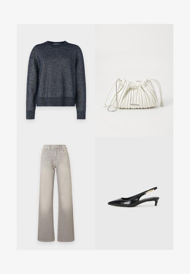 Black puffer jacket with a hood, featuring a quilted design, snap buttons, and two front pockets. Elastic cuffs and a slightly cropped fit.; Navy knitted sweater with a round neckline, long sleeves, and a textured finish featuring subtle metallic threads throughout.; Gray wide-leg jeans with a faded finish, button closure, five-pocket design, and stitched detailing along the seams.; Black leather slingback heels with a pointed toe, featuring a slim heel and a gold-tone accent on the adjustable strap. Smooth texture.; White pleated handbag made of soft material. Features drawstring closure, braided handles, and a silver-tone hardware accent.