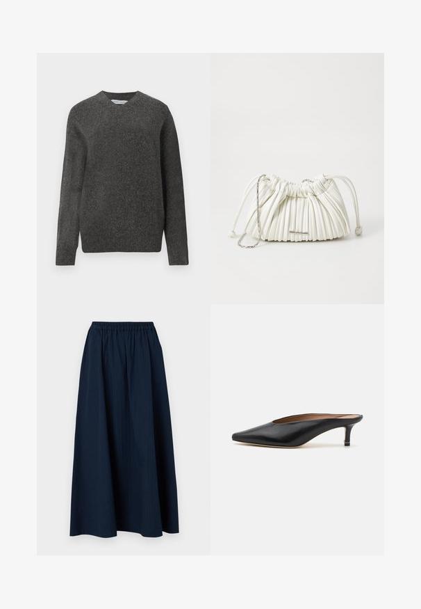 Doudoune noire avec capuche, dotée d'un design matelassé, de boutons-pression et de deux poches avant. Manches élastiques et coupe légèrement courte.; Pull gris en V fabriqué en un mélange de laine douce, avec des manches longues et une coupe décontractée. Design simple et minimal, sans motifs marquants.; Jupe longue bleu marine en tissu texturé, avec une taille élastique et de subtils rayures verticales.; Mules en cuir noir avec un bout pointu et un petit talon carré. Texture lisse avec un design épuré. Dos ouvert avec un minimum de détails.; Sac à main plissé blanc en matériau doux. Il dispose d'une fermeture à cordon, de poignées tressées et d'un accent en métal argenté.