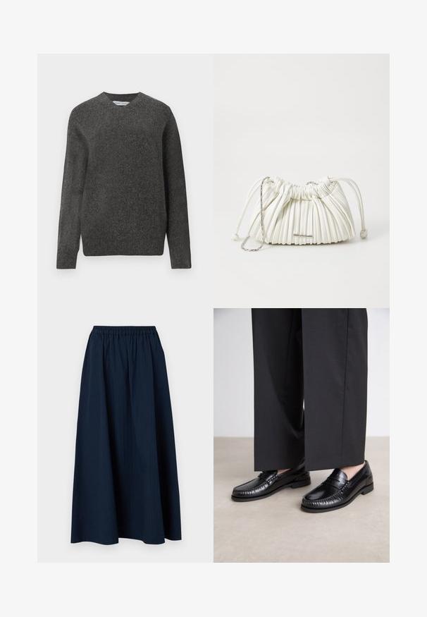 Zwarte pufferjas met een capuchon, voorzien van een gewatteerd ontwerp, drukknoopsluitingen en twee voorzakken. Elastische manchetten en een iets cropped fit.; Grijze V-hals trui gemaakt van zachte wol-mix stof, met lange mouwen en een relaxed fit. Eenvoudig, minimalistisch ontwerp zonder opvallende patronen.; Marineblauwe, lange rok gemaakt van textuurstof met een elastische tailleband en subtiele verticale strepen.; Zwarte leren instappers met een gladde afwerking, gestikte details rond de teen en een lage rubberen zool. Gepaard met brede zwarte broeken.; Witte geplooide handtas gemaakt van zacht materiaal. Voorzien van een trekkoordsluiting, gevlochten handvatten en een accent van zilverkleurig hardware.