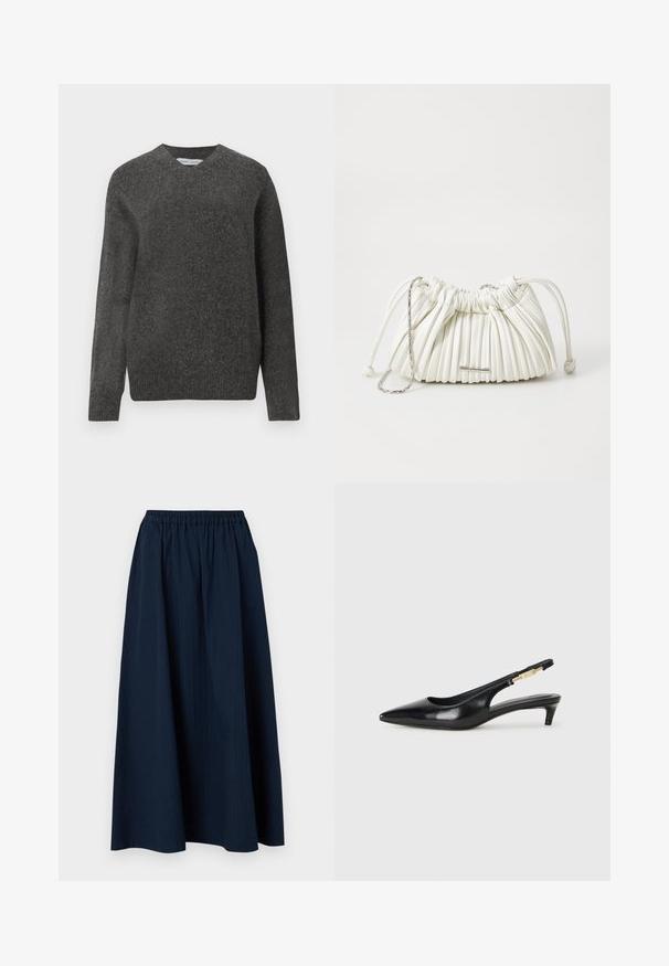 Doudoune noire avec capuche, dotée d'un design matelassé, de boutons-pression et de deux poches avant. Manches élastiques et coupe légèrement courte.; Pull gris en V fabriqué en un mélange de laine douce, avec des manches longues et une coupe décontractée. Design simple et minimal, sans motifs marquants.; Jupe longue bleu marine en tissu texturé, avec une taille élastique et de subtils rayures verticales.; Talons hauts en cuir noir avec un bout pointu, dotés d'un talon fin et d'un accent en ton or sur la lanière réglable. Texture lisse.; Sac à main plissé blanc en matériau doux. Il dispose d'une fermeture à cordon, de poignées tressées et d'un accent en métal argenté.