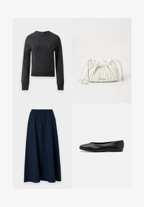 Musta puhvitakki hupulla, jossa on tikattu muotoilu, napit ja kaksi etutaskua. Elastiset hihansuut ja hieman lyhyempi malli.; Tummanharmaa melerattu neulepaita, jossa on pitkät hihat, ribbaatut hihansuut, helma ja pyöreä pääntie, esillä valkoista taustaa vasten.; Laivastonsininen, kokopitkä hame, joka on valmistettu tekstuurillisesta kankaasta ja jossa on joustava vyötärö ja hienovaraiset pystysuorat raidat.; Paul Smith TOPANGA - Ballerinat - black; Valkoinen pussukka, jossa on laskostettu muotoilu ja pehmeä materiaali. Varustettu nyörisulkimella, punottuilla kahvoilla ja hopeanvärisellä koristeella.