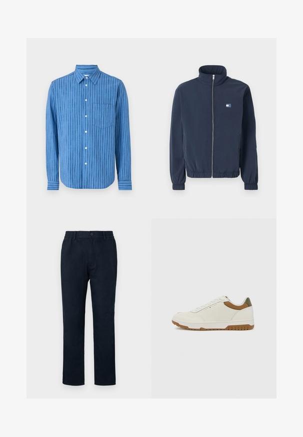 Kario mėlynas zip-up džemperis su aukšta apykakle, elastingais rankogaliais ir apatine dalimi, bei maža Tommy Jeans logotipu kairėje krūtinės pusėje.; Mėlyna ilgomis rankovėmis marškiniai su horizontaliais dryžiais. Turi gumbuotą priekį, apykaklę ir krūtinės kišenę. Pagaminta iš tekstūruoto audinio.; Jūriniai chinos kelnės su elastingu juosmeniu, priekyje užsegamos mygtuku ir tiesaus kirpimo. Lygus paviršius be matomų raštų.; Tommy Hilfiger BASKET CORE - Sportbačiai - ecru/army green