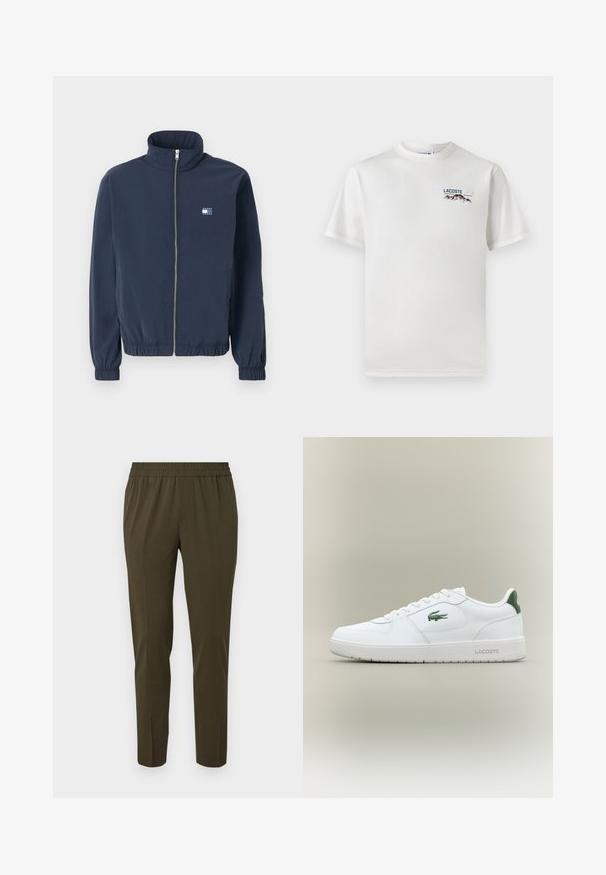 Tums zilā krāsā pogājamā jakā ar augstu apkakli, elastīgām aprocēm un apakšmalu, kā arī mazo Tommy Jeans logotipu uz kreisās krūts.; Balts kokvilnas T-krekls ar apaļu kakla izgriezumu, īsām piedurknēm un mazu izšūtu logo ar kalniem un tekstu kreisajā krūtīs.; Samsøe Samsøe SMITHY - Auduma bikses - forest night; Baltas ādas sneakers ar gludu apdari, zaļiem akcentiem uz papēža un zaļu logotipu sānos. Iezīmē platu zoli un apaļu pirkstu.