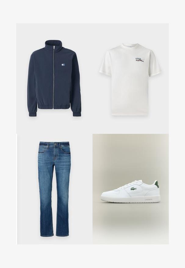 Mørkeblå hettejakke med glidelås, høy krage, elastiske mansjetter og nedkant, samt liten Tommy Jeans-logo på venstre bryst.; Hvit bomull T-skjorte med rund hals, korte ermer, og en liten brodert logo med fjell og tekst på venstre bryst.; Blå denim jeans med rett bendesign, som har fem lommer, lys falming og kobberbroderi. Avsluttet med et standard belte.; Hvite skinnsneakers med en glatt finish, grønne detaljer på hælen og en grønn logo på siden. Inkluderer flat såle og rund tå.