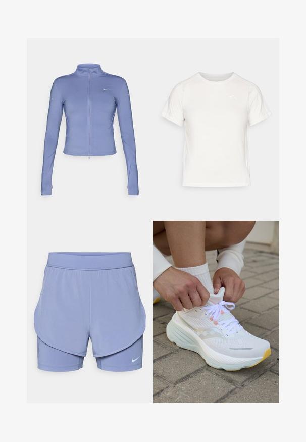 Veste zippée bleu clair en tissu extensible, dotée de manches longues, d'un col montant et d'un petit logo sur la poitrine.; T-shirt léger blanc à manches courtes, col rond et avec un petit logo dans le coin supérieur gauche. Tissu lisse avec un léger éclat.; Shorts Nike en violet clair, présentant un design superposé avec une doublure intérieure ajustée et un ajustement extérieur ample. Taille élastique pour un confort optimal.; Saucony HURRICANE 24 - Chaussures de running sur route - white