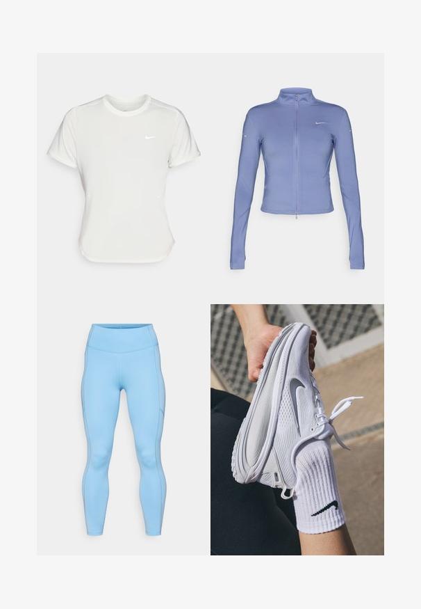 Šviesiai mėlynas užtrauktuku užsegamas džemperis, pagamintas iš tamprios medžiagos, su ilgomis rankovėmis, aukšta apykakle ir mažu logotipu ant krūtinės.; Nike marškinėliai balti, trumpomis rankovėmis, apvaliu iškirpimu, pagaminti iš lygaus, lengvo audinio. Yra subtilus logotipas ant krūtinės.; Šviesiai mėlynos leggingos, pagamintos iš tamprių audinių. Yra aukštas liemuo, sklandus paviršius ir kreivos siūlės palei kojas.; Balti sportiniai bateliai su tekstūruotu dizainu ir pilku Nike logotipu, laikomi virš baltos kojinės. Bateliai turi lanksčią padą ir raištelius.