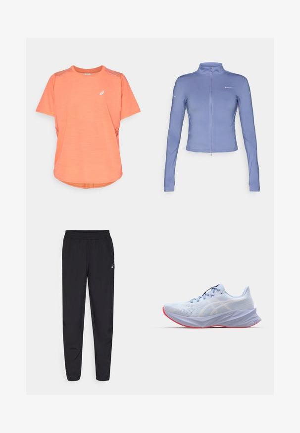 Heled sinine tõmbluku jope, mis on valmistatud venivast kangast, pikad varrukad, kõrge krae ja väike logo rinnal.; Lühikeste varrukkitega sportlik t-särk heleses oranžis kangas, millel on ümmargune kaelus, kergelt kaarduv allserva ja rinnal väike valge logo.; Mustad mustrisokid, millel on elastne vöökoht, kitsenevad sääred, millel on soonikud, valmistatud kerge, siledast materjalist ning väike logo reie peal.; Heledsinine sportlik king, millel on tekstuuriga võrgusilm ülemine osa, valged logo aktsendid, pehmendusega tald ning roosa välistald. Omab voolujoonelist ja ergonoomilist disaini.