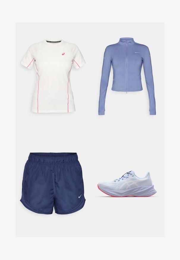 Lyseblå zip-up jakke lavet af strækbart stof, med lange ærmer, høj krave og et lille logo på brystet.; Hvid kortærmet træningsskjorte med pink syninger langs siderne og ærmerne, med et lille pink Asics-logo på brystet.; Marineblå træningsshorts med elastisk talje og sidepartier i mesh. Har et lille hvidt Nike-logo på nedre venstre side.; Lysblå atletisk sko med en struktureret mesh-overdel, hvide logo accenter, en polstret sål og en pink ydersål. Har et slankt, ergonomisk design.
