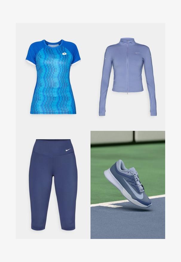 Vaaleansininen vetoketjullinen takki, joka on valmistettu joustavasta kankaasta. Takissa on pitkät hihat, korkea kaulus ja pieni logo rinnassa.; Sininen urheilupaita lyhyillä hihoilla, jossa on teksturoitu, abstrakti kuvio vaihtelevissa sinisen sävyissä ja valkoisia vivahteita hihoissa.; Leggins capri marin blue yang terbuat dari kain elastis, dilengkapi dengan pinggang lebar dan logo kecil berwarna putih di sisi kiri. Tidak ada jahitan yang terlihat.; Urheilukengät vaaleansinisen ja tummansinisen sävyissä, joissa on teksturoitu päällinen, litteät nauhat ja kevyt valkoinen pohja. Nostettuna kenttäpinnan ylle.