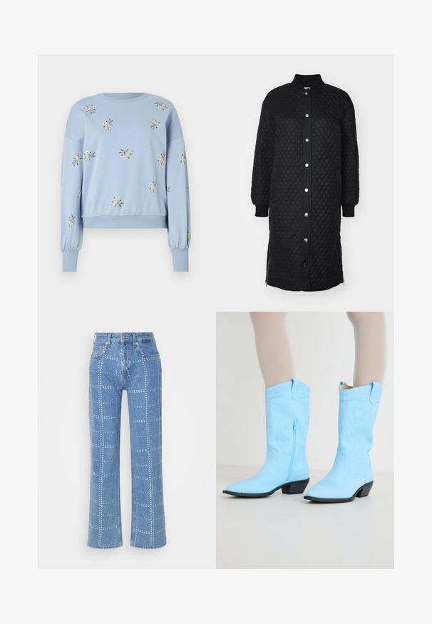Black quilted long coat with a zip-up front, snap buttons, ribbed cuffs, side pockets, and a diamond pattern texture.; ONLY ONLBROOKE O NECK - Sweatshirt - soft chambray; Light blue denim jeans with a straight-leg cut, featuring a grid pattern of silver studs and a classic five-pocket design.; Light blue cowboy boots with embroidered detailing, a side zipper, pointed toe, and stacked black heel. Smooth leather texture.
