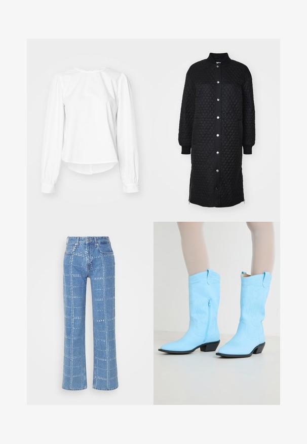 Black quilted long coat with a zip-up front, snap buttons, ribbed cuffs, side pockets, and a diamond pattern texture.; White long-sleeve blouse with a relaxed fit, featuring puffed sleeves, a rounded neckline, and buttoned cuffs. Smooth, crisp texture.; Light blue denim jeans with a straight-leg cut, featuring a grid pattern of silver studs and a classic five-pocket design.; Light blue cowboy boots with embroidered detailing, a side zipper, pointed toe, and stacked black heel. Smooth leather texture.