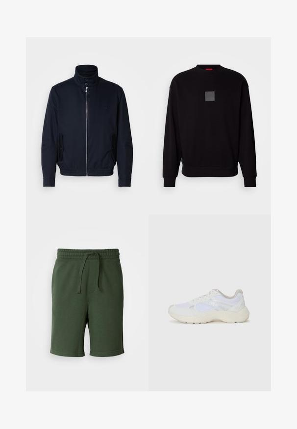 Námořnická modrá bunda s vysokým límcem, předním zipem, bočními kapsami a žebrovanými manžetami. Hladká textura s jemným logem na hrudi.; Čierna mikina s dlhými rukávmi, okrúhlym výstrihom, predným sivým logom v tvare štvorca, mäkkou textúrou a rebrovanými manžetami a lemom.; Tmavozelené šortky s elastickým pásom, sťahovaním, vreckami a jemnou bavlnenou zmesou. Dĺžka po polovicu stehna.; Biele atletické topánky vyrobené z materiálov sieťoviny a semišu, s textúrovanou strednou podošvou, textúrovanými akcentmi a logom "HUGO" na boku.