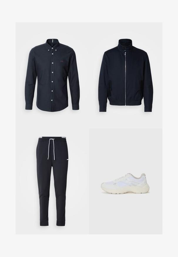 Mornarsko moder plašč z visokim ovratnikom, sprednjim zadrge, stranskimi žepi in rebrastimi manšetami. Gladka tekstura s subtilno detajlom logotipa na prsih.; Dolg rokav modro-črni pleteni pulover s krožnim izrezom, ribastimi manšetami in robom, na prsih pa je majhna kvadratna logotipna nalepka.; Temno modra srajca na gumbe iz bombaža s ovratnikom, z belimi gumbi in majhnim rdečim logotipom "BOSS" na prsih.; Črne slim-fit jogger hlače z belo vrvico, elastičnim pasom z belimi črtami in majhnim belim logotipom na zgornjem stegnu.; Bela športna obuvala iz mrežastega in semiš materiala, z teksturiranim podplatom, teksturiranimi dodatki in logotipom "HUGO" na strani.