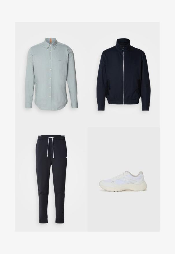 Casaco azul marinho com colarinho alto, fecho éclair frontal, bolsos laterais e punhos canelados. Textura suave com um detalhe logo discreto no peito.; Suéter de malha azul-marinho com mangas longas, decote redondo, punhos e bainha canelados, apresentando um pequeno patch logo quadrado no peito.; Camisa abotoada azul-claro feita de tecido texturizado, com colarinho pontudo, mangas longas e um pequeno logótipo bordado no peito.; Calças de jogger ajustadas pretas com cordão branco, cintura elástica com riscas brancas e pequeno logo branco na parte superior da coxa.; Ténis brancos desportivos feitos de malha e camurça, com uma entressola texturizada, elementos texturizados e o logótipo "HUGO" na lateral.