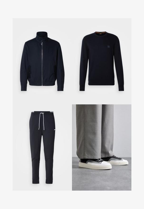 Námořnická modrá bunda s vysokým límcem, předním zipem, bočními kapsami a vroubkovanými manžetami. Hladká textura s jemným logem na hrudi.; Tmavě modrý pletený svetr s dlouhými rukávy, kulatým výstřihem, ribbovanými manžetami a lemem, s malou čtvercovou nášivkou loga na hrudi.; Černé slim-fit jogger kalhoty s bílým stahovacím proužkem, elastickým pasem s bílými pruhy a malým bílým logem na horní části stehna.; Filling Pieces RIVIERA - Tenisky - grey