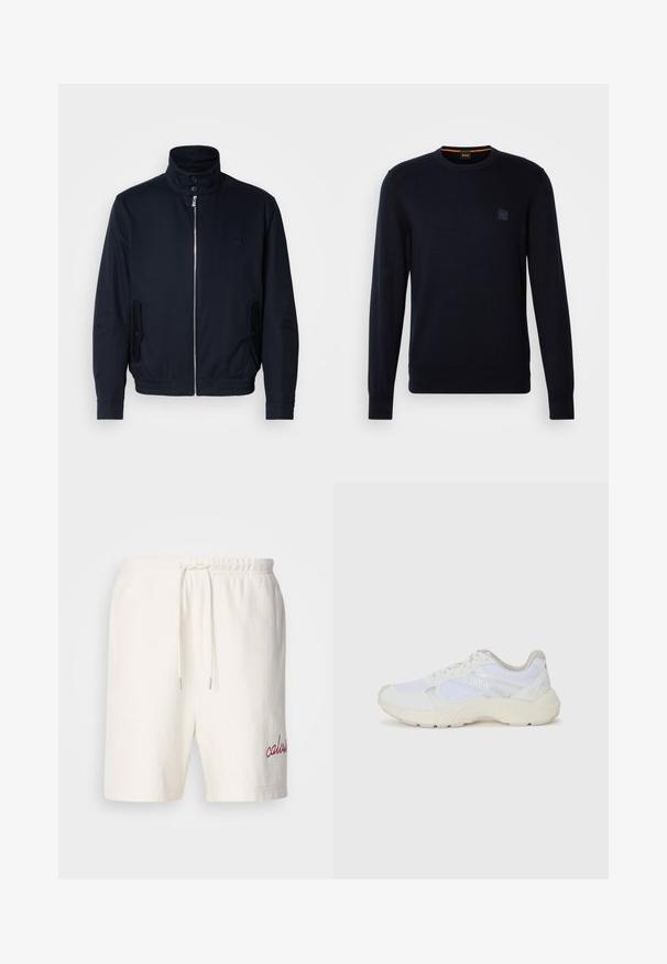 Veste bleu marine avec un col haut, fermeture éclair à l'avant, poches latérales et poignets côtelés. Texture lisse avec un détail logo subtil sur la poitrine.; Pull en tricot bleu marine avec des manches longues, un col ras du cou, des poignets et un ourlet côtelés, arborant un petit logo carré sur la poitrine.; Shorts en coton blanc avec une taille élastique et un cordon de serrage. Présente un "calvin" rouge brodé sur la jambe gauche. Texture douce, design simple.; Baskets de sport blanches en mesh et en daim, avec une semelle intermédiaire texturée, des accents texturés et le logo "HUGO" sur le côté.