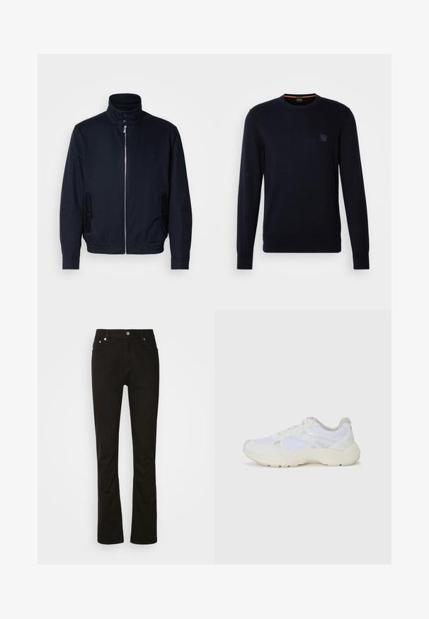 Casaco azul marinho com colarinho alto, fecho éclair frontal, bolsos laterais e punhos canelados. Textura suave com um detalhe logo discreto no peito.; Suéter de malha azul-marinho com mangas longas, decote redondo, punhos e bainha canelados, apresentando um pequeno patch logo quadrado no peito.; Jeans de denim preto com design de perna reta, apresentando bolsos frontais, fecho zip e detalhes em metal prateado. Textura suave, sem padrões.; Ténis brancos desportivos feitos de malha e camurça, com uma entressola texturizada, elementos texturizados e o logótipo "HUGO" na lateral.