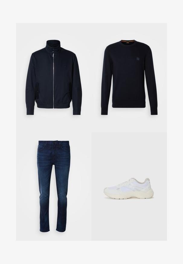 Casaco azul marinho com colarinho alto, fecho éclair frontal, bolsos laterais e punhos canelados. Textura suave com um detalhe logo discreto no peito.; Suéter de malha azul-marinho com mangas longas, decote redondo, punhos e bainha canelados, apresentando um pequeno patch logo quadrado no peito.; Jeans de ganga azul escuro com uma textura suave, design de cinco bolsos e um ajuste reto clássico. Fecho com botão de metal e fecho de correr.; Ténis brancos desportivos feitos de malha e camurça, com uma entressola texturizada, elementos texturizados e o logótipo "HUGO" na lateral.
