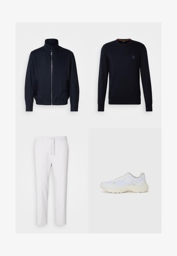 Tamsiai mėlyna striukė su aukšta apykakle, priekine užtrauktuku, šoninėmis kišenėmis ir gipiūriniais rankogaliais. Lygus paviršius su subtiliu logotipu ant krūtinės.; Tamsiai mėlynas megztinis su ilgomis rankovėmis, apvaliu iškirpimu, kantais ant rankovių ir apačios, su mažu kvadratiniu logotipo ženkleliu krūtinėje.; Balti tapered kelnės su elastinga juostele, raišteliu, lygaus paviršiaus ir be matomų raštų ar akcentų.; Balti sportiniai bateliai, pagaminti iš tinklinės medžiagos ir zomšos, su tekstūruotu viduriu, tekstūruotais akcentais ir „HUGO“ logotipu šone.