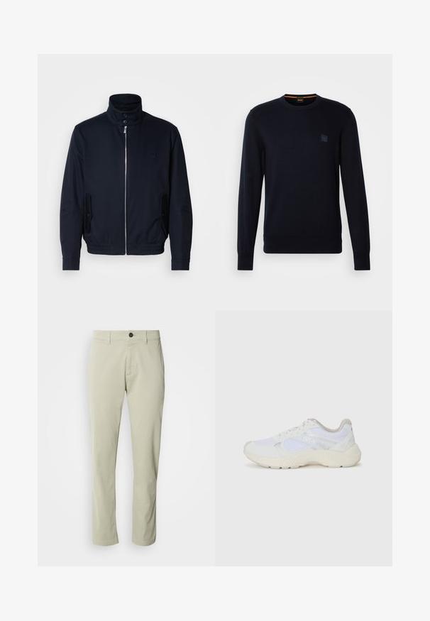 Námořnická modrá bunda s vysokým límcem, předním zipem, bočními kapsami a žebrovanými manžetami. Hladká textura s jemným logem na hrudi.; Námornícka modrá pletená mikina s dlhými rukávmi, okrúhlym výstrihom, rebrovanými manžetami a lemom, s malou štvorcovou nášivkou na hrudi.; Béžové bavlnené chinos nohavice so strihom rovného strihu, s zipsom a jedným gombíkom na zapínanie. Obsahujú pútka na opasok a majú hladkú textúru.; Biele atletické topánky vyrobené z materiálov sieťoviny a semišu, s textúrovanou strednou podošvou, textúrovanými akcentmi a logom "HUGO" na boku.