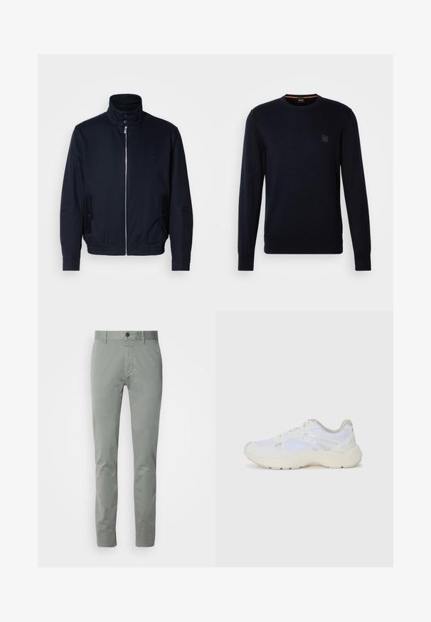 Jūras zils žakets ar augstu apkakli, priekšējo rāvējslēdzi, sānu kabatām un ribotajiem piedurknēm. Gluda tekstūra ar nelielu logotipa detaļu uz krūšu.; Tumši zils adīts džemperis ar garām piedurknēm, apaļu kakla izgriezumu, ribotu piedurkņu un apakšmalu, ar nelielu kvadrātveida logo uz krūtīm.; Gaiši pelēkas kokvilnas chinos bikses ar taisnu kāju piegriezumu, ar pogu aizdari un sānu kabatām. Gluda faktūra un minimālisma dizains.; Baltas sporta apavi, kas izgatavoti no sieta un zamšāda, ar teksturētu starpzoli, teksturētām akcentēm un "HUGO" logo sānos.