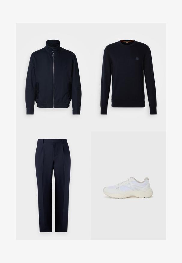 Navy blue jacket with a high collar, front zipper, side pockets, and ribbed cuffs. Smooth texture with a subtle logo detail on the chest.; Navy blue knit sweater with long sleeves, crew neckline, ribbed cuffs and hem, featuring a small square logo patch on the chest.; Navy tailored trousers made of textured fabric, featuring a straight cut, front pleats, and a classic waistband with belt loops.; White athletic shoes made of mesh and suede, featuring a textured midsole, textured accents, and "HUGO" logo on the side.