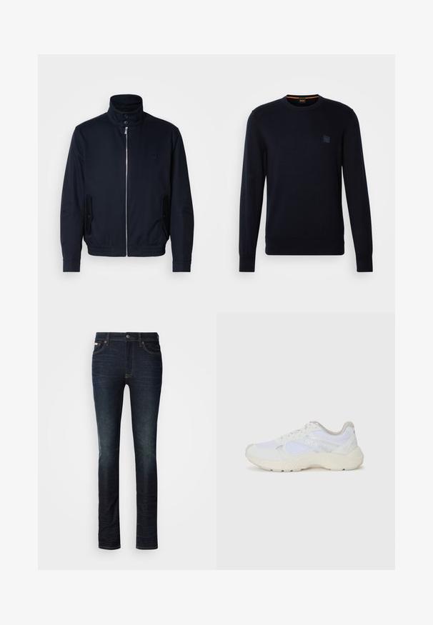 Marineblå jakke med høy krage, glidelås foran, sidelommer og ribbestrikkede mansjetter. Glatt tekstur med en subtil logo detaljer på brystet.; Marineblå strikkegenser med lange ermer, rund hals, ribbestrikkede mansjetter og nederkant, med et lite firkantet logo-patch på brystet.; Mørkeblå slim-fit jeans med knap- og lynlåslukning, fem-lomme design og subtile udblegninger på lår og knæ.; Hvit idrettssko laget av mesh og skinn, med en teksturert mellomsåle, teksturerte detaljer og "HUGO"-logo på siden.