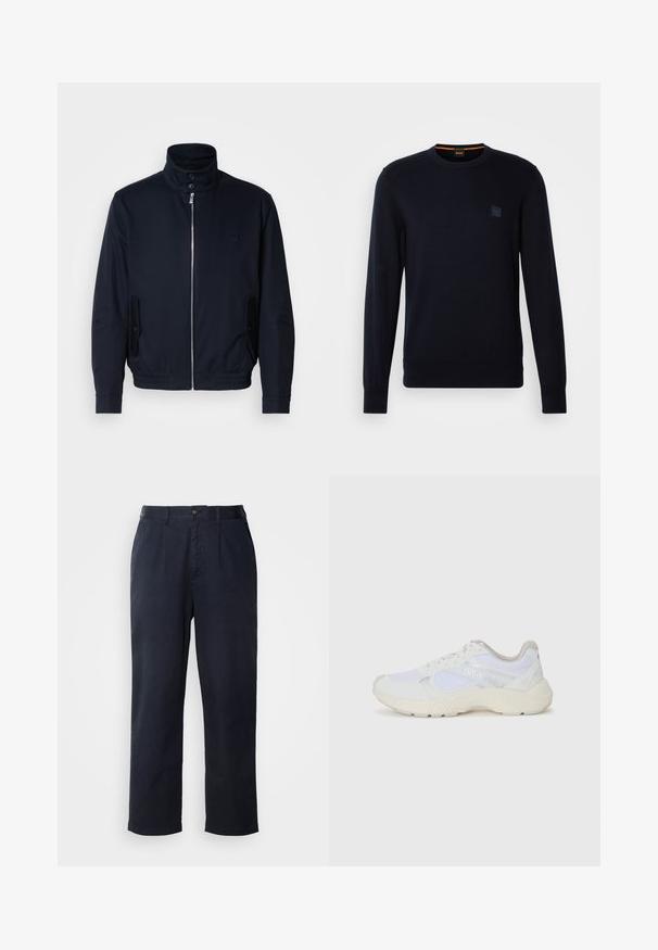 Marineblauwe jas met hoge kraag, voorsluiting met rits, zijzakken en ribgebreide manchetten. Gladde textuur met een subtiele logo-detail op de borst.; Marineblauwe gebreide trui met lange mouwen, ronde hals, geribbelde manchetten en zoom, met een klein vierkant logo-opdruk op de borst.; Donkerblauwe katoenen broek met een rechte pasvorm, met een voorkantplooi, ceintuurlussen en een enkele knoopsluiting bij de tailleband.; Witte sportief schoenen van mesh en suede, met een gestructureerde tussenzool, gestructureerde accenten en het "HUGO" logo aan de zijkant.